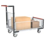 Chariot modulaire grillagé 1 dossier et 3 demi-ridelles plateau bois 850 x 500 mm 250 kg