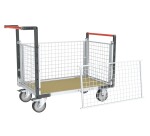 Chariot modulaire grillagé 2 dossiers + 2 ridelles plateau bois 500 kg 1000 x 600 mm roue TPE en rectangle