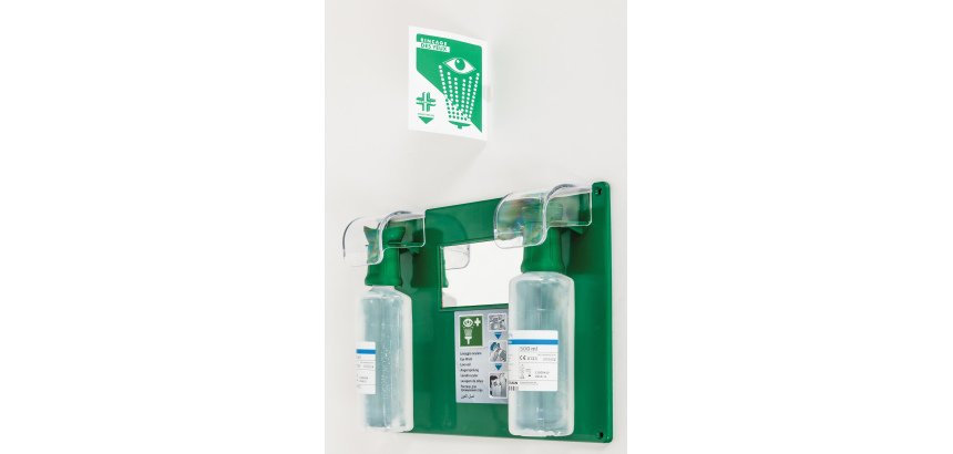 Station oculaire murale de 2 flacons de 500 ml de solution oculaire stérile