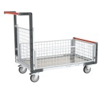 Chariot modulaire grillagé 1 dossier et 3 demi-ridelles plateau tôle galvanisée 1000 x 600 mm 250 kg