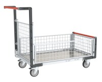 Chariot modulaire grillagé 1 dossier et 3 demi-ridelles plateau tôle galvanisée 1000 x 600 mm 250 kg