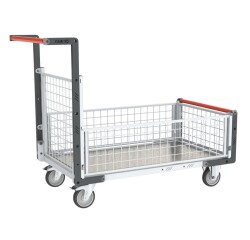 Chariot modulaire grillagé 1 dossier et 3 demi-ridelles plateau tôle galvanisée 1000 x 600 mm 250 kg