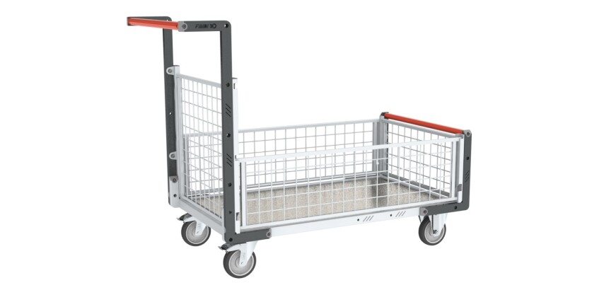 Chariot modulaire grillagé 1 dossier et 3 demi-ridelles plateau tôle galvanisée 1000 x 600 mm 250 kg