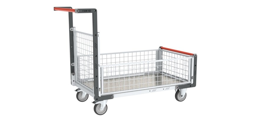 Chariot modulaire grillagé 1 dossier et 3 demi-ridelles plateau tôle galvanisée 1000 x 600 mm 250 kg