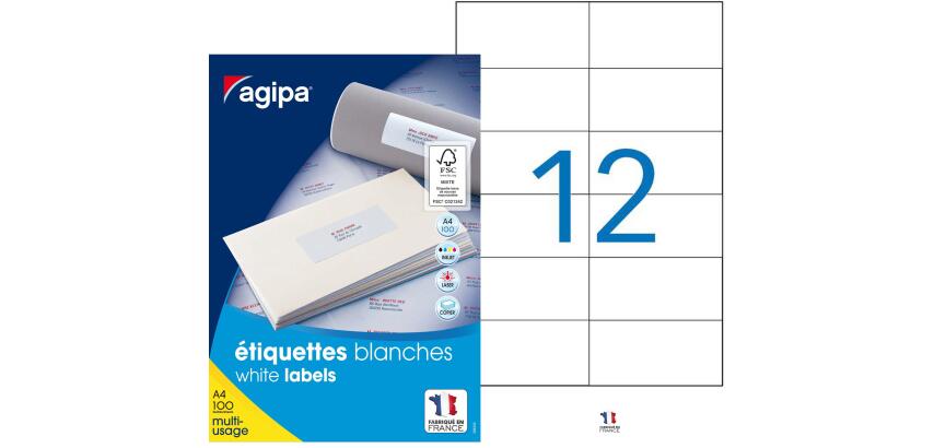 Etiquette adresse jet d'encre et laser 105 x 49,39 mm Agipa blanche - Boîte de 1200