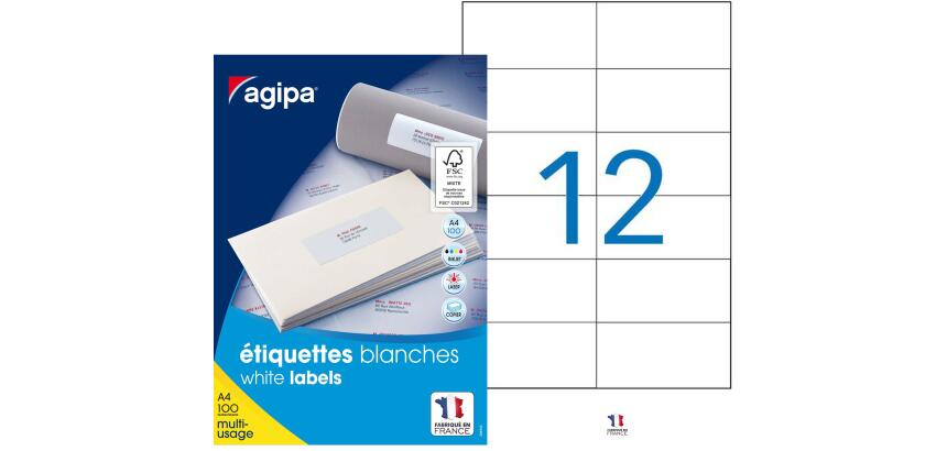 Etiquette adresse jet d'encre et laser 105 x 49,39 mm Agipa blanche - Boîte de 1200