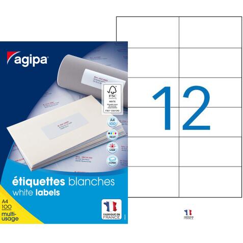 Etiquette adresse jet d'encre et laser 105 x 49,39 mm Agipa blanche - Boîte de 1200