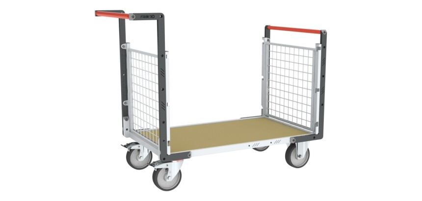 Chariot modulaire grillagé 2 dossiers plateau bois 500 kg 1000 x 600 mm roue TPE en rectangle