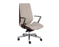 Bürostuhl MOON WOOD ergonomischer Schreibtischstuhl aus Kunstleder, helles Nussbaumfurnier, Synchronmechanik, feste Armlehnen, Aluminiumfüße