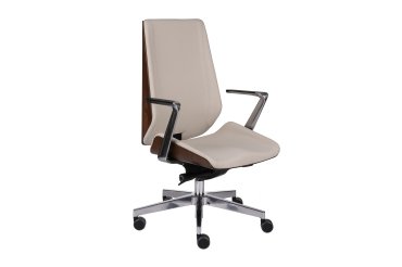 Chaise de bureau ergonomique MOON WOOD simili cuir, placage bois noyer clair, mécanisme synchrone, accoudoirs fixes, pieds en aluminium
