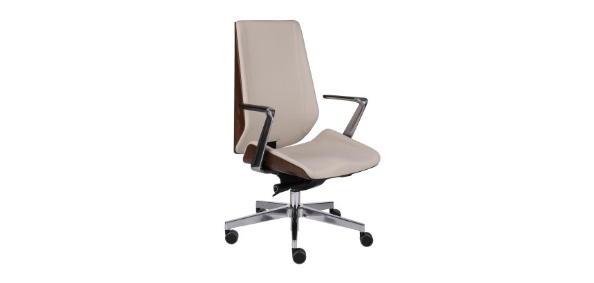 Bürostuhl MOON WOOD ergonomischer Schreibtischstuhl aus Kunstleder, helles Nussbaumfurnier, Synchronmechanik, feste Armlehnen, Aluminiumfüße