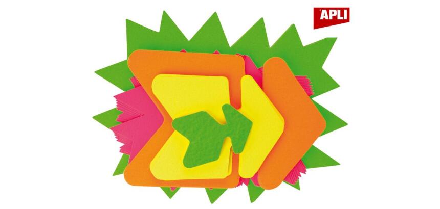 Assortiment d'étiquettes carton fluos éclatées et flèches Apli tailles assorties 4 couleurs - Paquet de 50