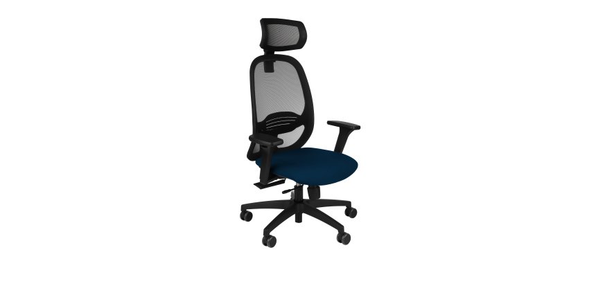 Fauteuil de bureau ergonomique NODI, tissu et maille, avec accoudoirs 3D et appui-tête, mécanisme synchrone, pieds noirs