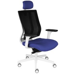 Fauteuil de bureau ergonomique MAXPRO BLANC, tissu et maille, avec accoudoirs 2D et appui-tête, mécanisme synchrone, pieds blancs - Blue - White