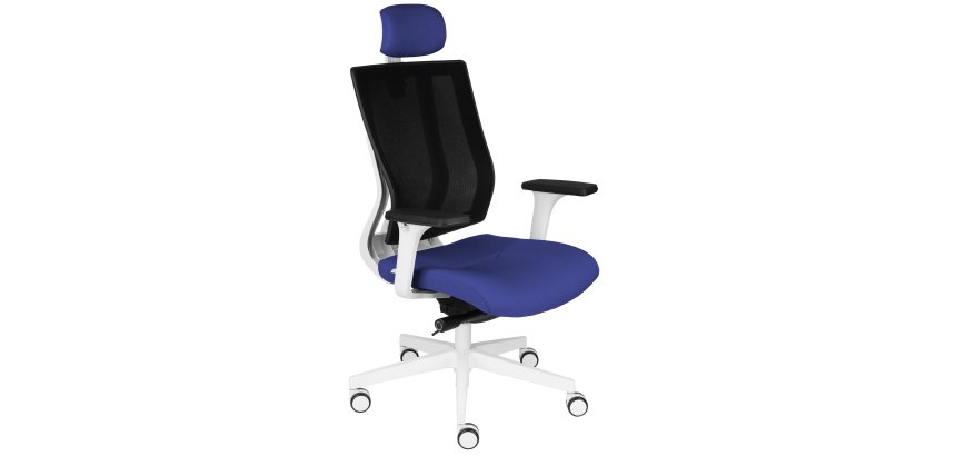 Fauteuil de bureau ergonomique MAXPRO BLANC, tissu et maille, avec accoudoirs 2D et appui-tête, mécanisme synchrone, pieds blancs