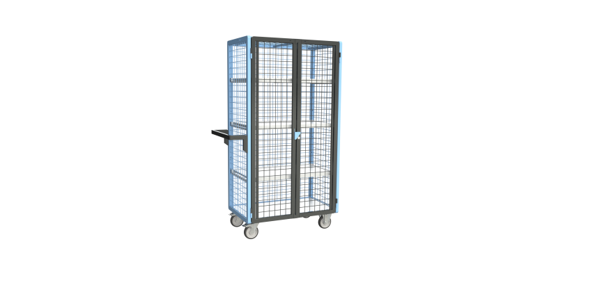 Servante grillagée 4 côtés, verrouillable, avec 3 étagères, plateau bois, 850 x 500 mm, 250 kg