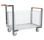 Chariot modulaire grillagé 2 dossiers + 2 ridelles plateau bois 250 kg 850 x 500 mm roue TPE