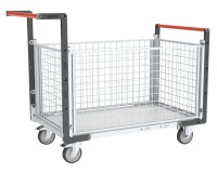 Chariot modulaire grillagé 2 dossiers + 2 ridelles plateau bois 250 kg 850 x 500 mm roue TPE