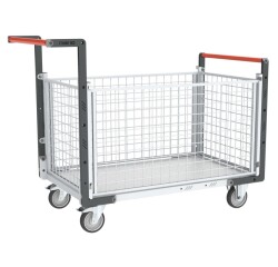 Chariot modulaire grillagé 2 dossiers + 2 ridelles plateau bois 250 kg 850 x 500 mm roue TPE