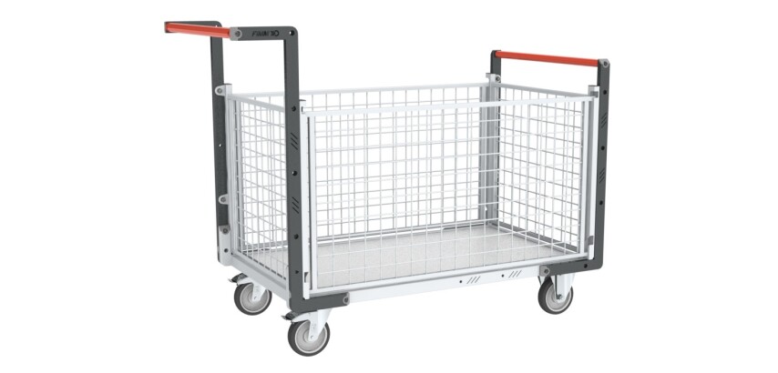 Chariot modulaire grillagé 2 dossiers + 2 ridelles plateau bois 250 kg 850 x 500 mm roue TPE
