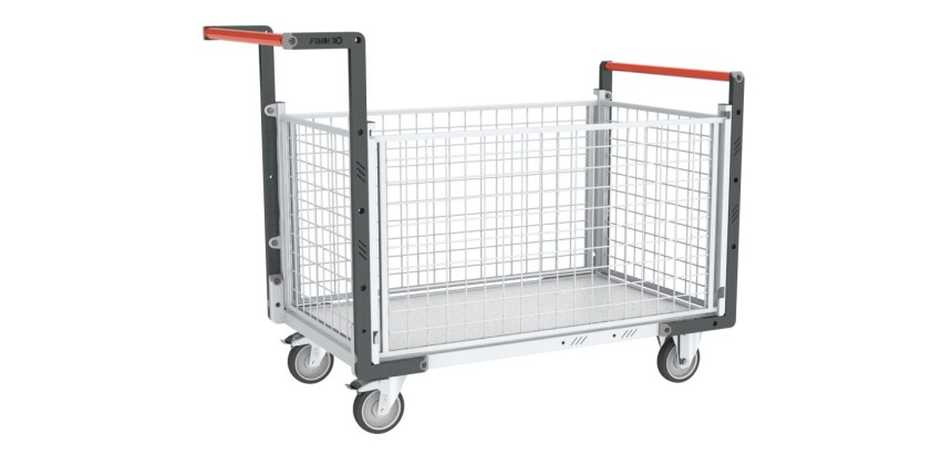 Chariot modulaire grillagé 2 dossiers + 2 ridelles plateau bois 250 kg 850 x 500 mm roue TPE
