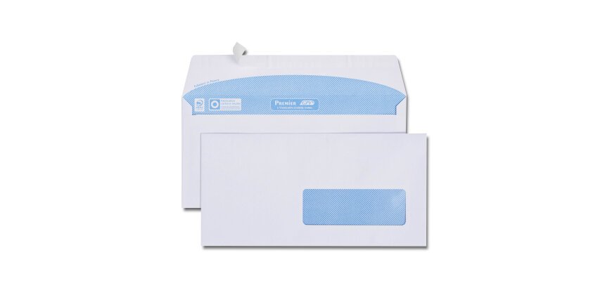Enveloppe blanche DL 110x220 90 g/m² fenêtre 35x100 bande de protection - Boîte de 500