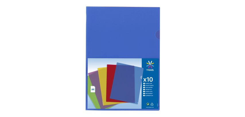 Chemise coin plastique VIQUEL A4 polypropylène 13/100e transparente couleurs assorties – Paquet de 10