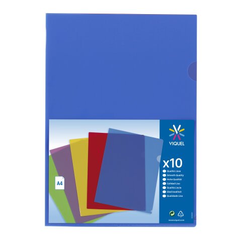 Chemise coin plastique VIQUEL A4 polypropylène 13/100e transparente couleurs assorties – Paquet de 10