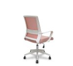 Fauteuil inclinable Ergo535 blanc avec dossier en maille rose, assise en tissu rose et roulettes en nylon