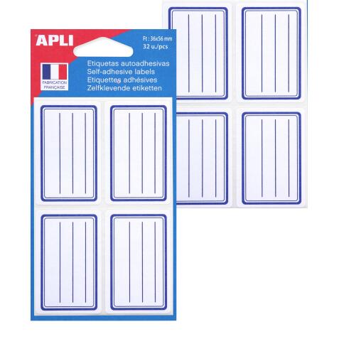 Etiquette adhésive scolaire 36 x 56 mm Apli à cadre et lignes bleus - Pochette de 32