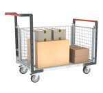 Chariot modulaire grillagé 2 dossiers + 1 ridelle plateau bois 250 kg 1000 x 600 mm roue TPE