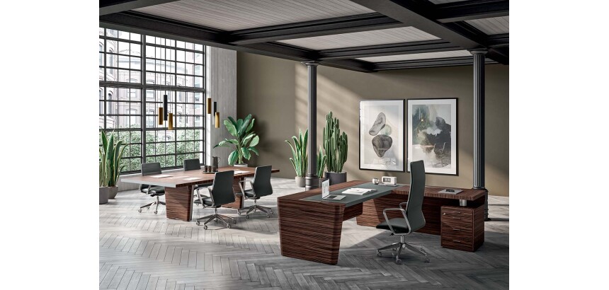 Bureau d'angle direction Xennon L.190 x P.220 avec retour sur caisson et sous-main en cuir