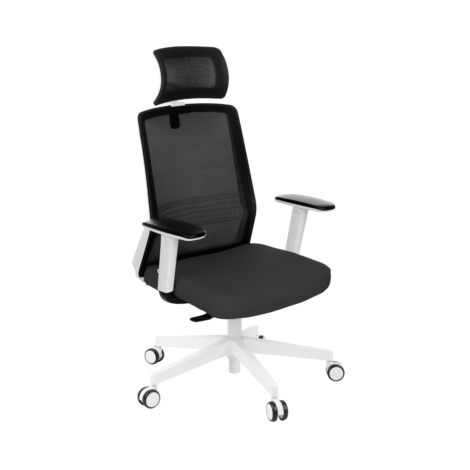 Chaise de bureau ergonomique COCO tissu et maille, avec accoudoirs 3D et appuie-tête, mécanisme synchrone, pieds blancs