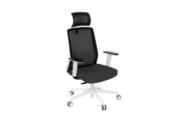 Chaise de bureau ergonomique COCO tissu et maille, avec accoudoirs 3D et appuie-tête, mécanisme synchrone, pieds blancs