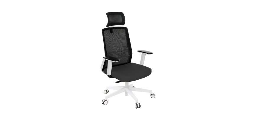 Chaise de bureau ergonomique COCO tissu et maille, avec accoudoirs 3D et appuie-tête, mécanisme synchrone, pieds blancs
