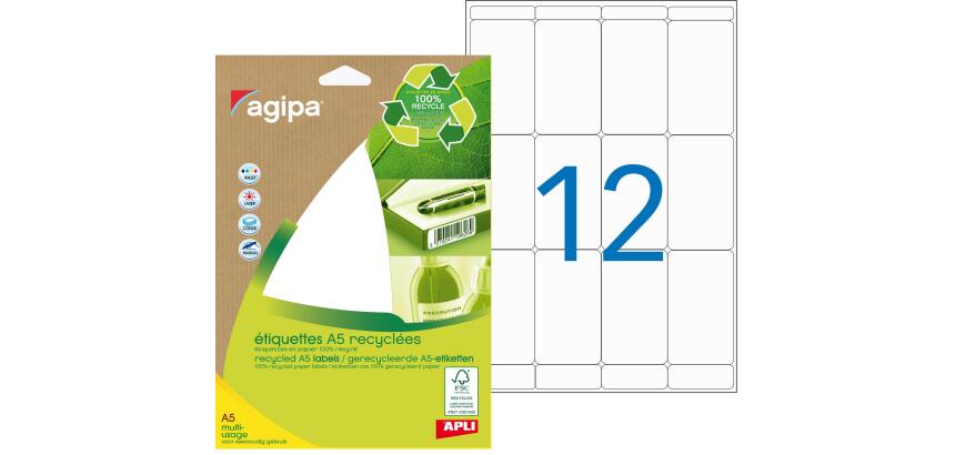 Etiquettes adresses multi-usages recyclées 56 x 34 mm Agipa - Pochette de 168