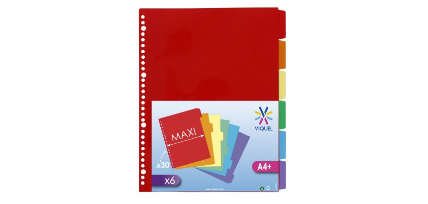 Intercalaires A4+ polypropylène coloré VIQUEL 6 onglets neutres multicolores fluo