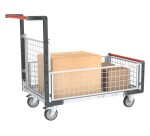 Chariot modulaire grillagé 1 dossier et 3 demi-ridelles plateau bois 1000 x 600 mm 250 kg