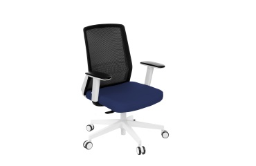 Chaise de bureau ergonomique COCO tissu et maille, avec accoudoirs 3D, mécanisme synchrone, pieds blancs - Bleu foncé