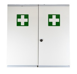 Armoire à pharmacie 2 portes grand modèle, Tôle Blanche / Croix verte, 530 x 530 x 190 mm
