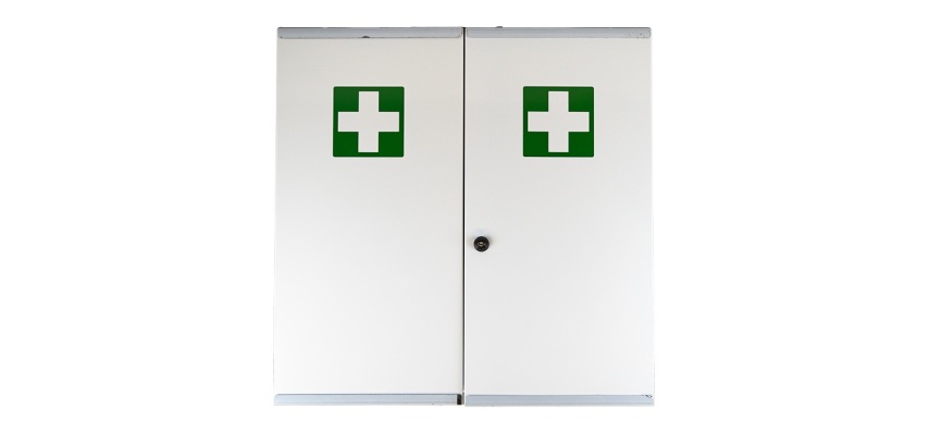 Armoire à pharmacie 2 portes grand modèle, Tôle Blanche / Croix verte, 530 x 530 x 190 mm