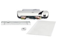 Set de plastificadora GBC Inspire+ A4 blanca + recortadora + cizalla + pack fundas plastificación