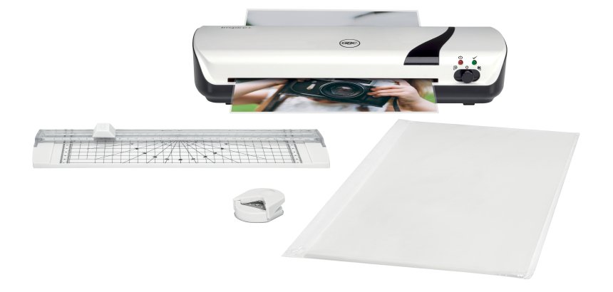 Set de plastificadora GBC Inspire+ A4 blanca + recortadora + cizalla + pack fundas plastificación