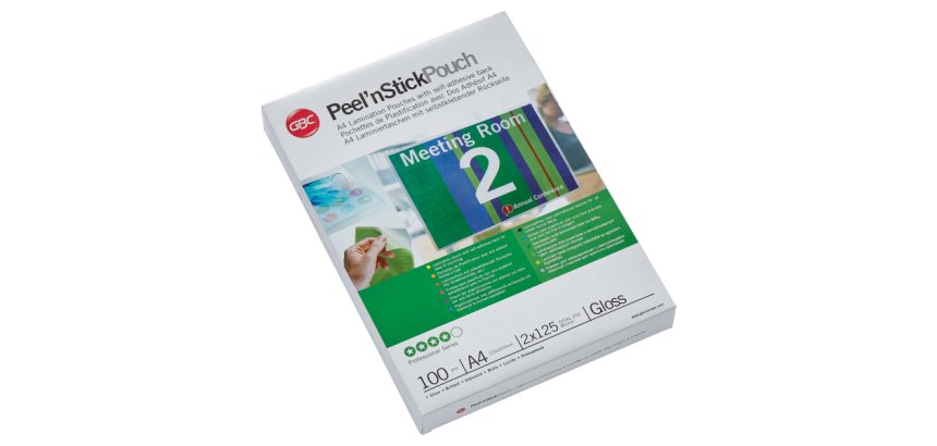 Paquete de 100 fundas de plastificación térmica autoadhesivas GBC Peel n’ Stick™ A4, 2 x 125 micras, brillante