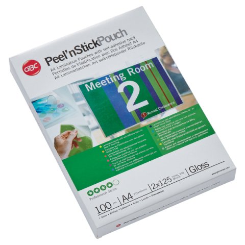 Paquete de 100 fundas de plastificación térmica autoadhesivas GBC Peel n’ Stick™ A4, 2 x 125 micras, brillante