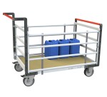 Chariot modulaire tube 2 dossiers + 2 ridelles plateau bois 500 kg 1000 x 600 mm roue TPE en rectangle