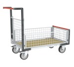 Chariot modulaire grillagé 1 dossier et 3 demi-ridelles plateau bois 1200 x 800 mm roues rectangle 500 kg