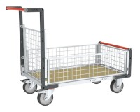 Chariot modulaire grillagé 1 dossier et 3 demi-ridelles plateau bois 1200 x 800 mm roues rectangle 500 kg