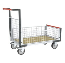 Chariot modulaire grillagé 1 dossier et 3 demi-ridelles plateau bois 1200 x 800 mm roues rectangle 500 kg