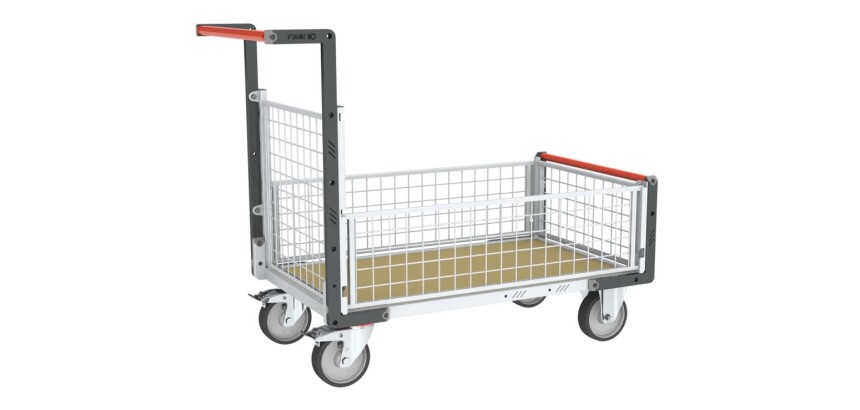 Chariot modulaire grillagé 1 dossier et 3 demi-ridelles plateau bois 1200 x 800 mm roues rectangle 500 kg